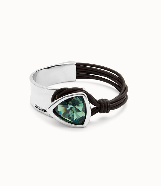 Bangle bracelet with leather and green crystal
