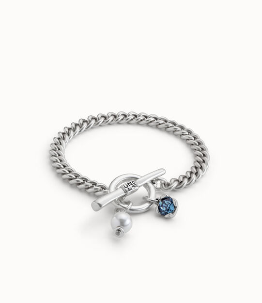 Cuban link chain bracelet with pearl and blue crystal
